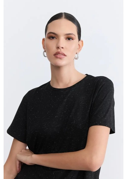 Simli Bisiklet Yaka T-Shirt - Siyah modelleri