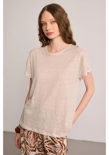 Bisiklet Yaka Keten T-Shirt - Bej