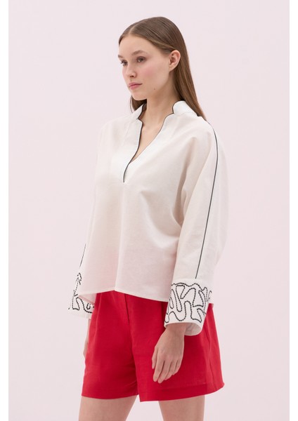 Keten Nakışlı Bluz Beyaz Y2563110_002