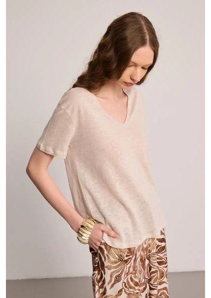 V Yaka Keten T-Shirt - Bej modelleri