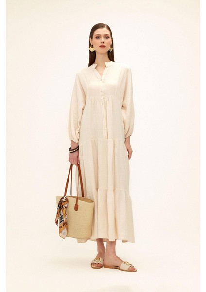 Yarasa Kol Düğme Detaylı Müslin Salaş Elbise Bej 9330-E