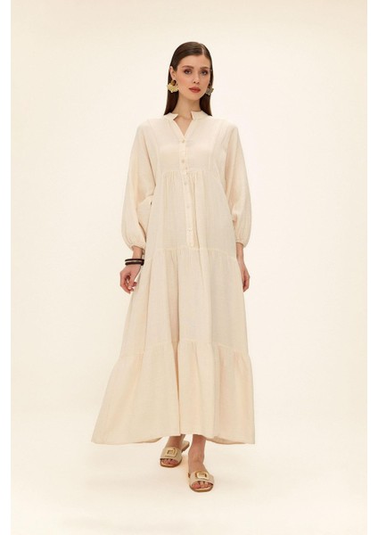 Yarasa Kol Düğme Detaylı Müslin Salaş Elbise Bej 9330-E fiyatları