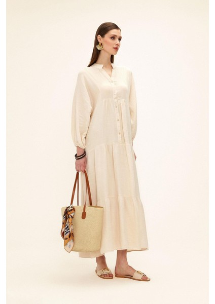 Yarasa Kol Düğme Detaylı Müslin Salaş Elbise Bej 9330-E modelleri