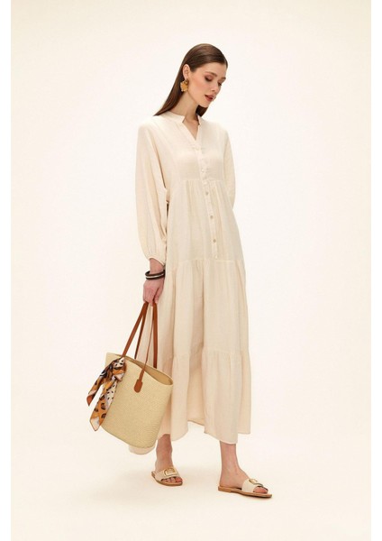 Yarasa Kol Düğme Detaylı Müslin Salaş Elbise Bej 9330-E fırsatları