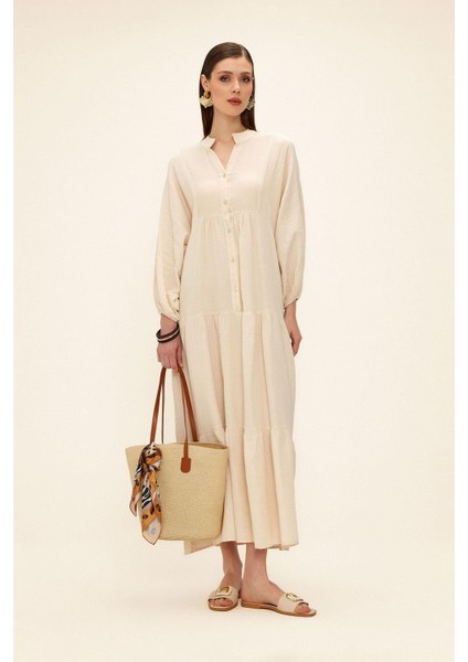 Yarasa Kol Düğme Detaylı Müslin Salaş Elbise Bej 9330-E indirimleri