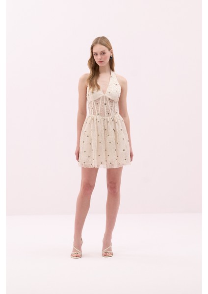 Korse Tipli Halter Yaka Mini Elbise Ekru Y2511512_049