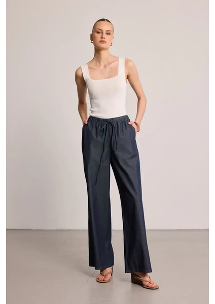 Beli Lastikli Bol Paça Denim Pantolon - Mavi