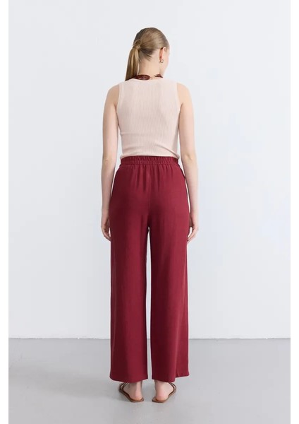 Bol Paça Keten Pantolon - Bordo modelleri