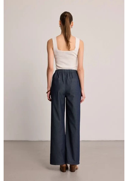 Beli Lastikli Bol Paça Denim Pantolon - Mavi