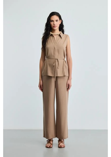 Beli Ip Kemerli Tencel Pantolon - Vizon