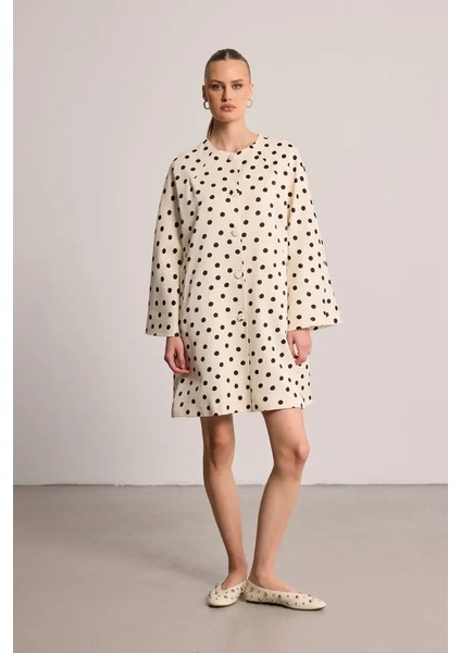 Puanlı Saten Kaftan - Ekru