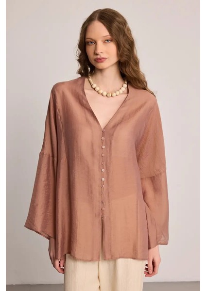 Tencel Rahat Kesim Tunik - Kahverengi