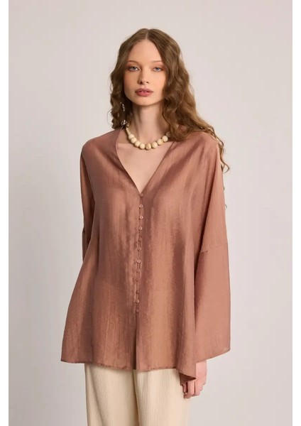 Tencel Rahat Kesim Tunik - Kahverengi modelleri