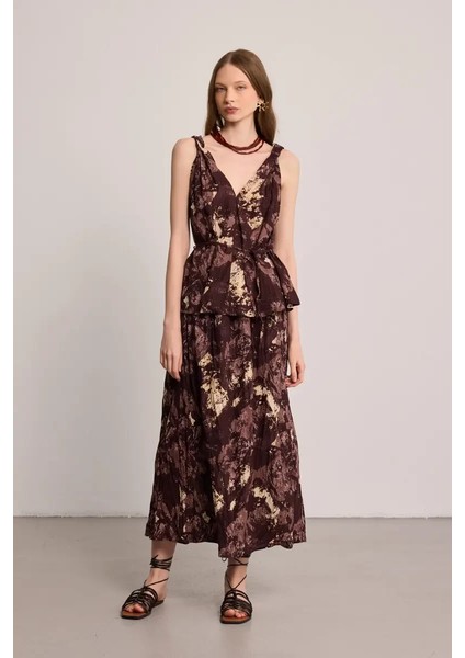 Batik Desenli Pamuk Etek - Kahverengi