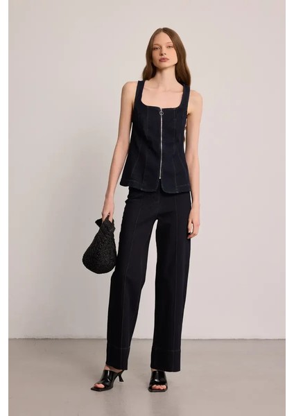 Tencel Denim Korse Yelek - Mavi