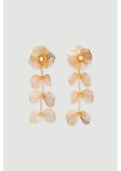 Taş Detaylı Sallantılı Çiçek Küpe - Gold