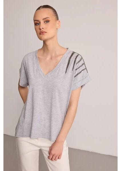 Taş Işlemeli Pamuk T-Shirt - Gri