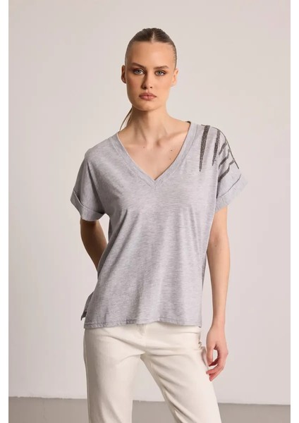 Taş Işlemeli Pamuk T-Shirt - Gri