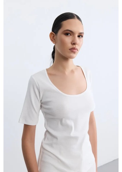 Kısa Kollu Pamuk T-Shirt - Ekru