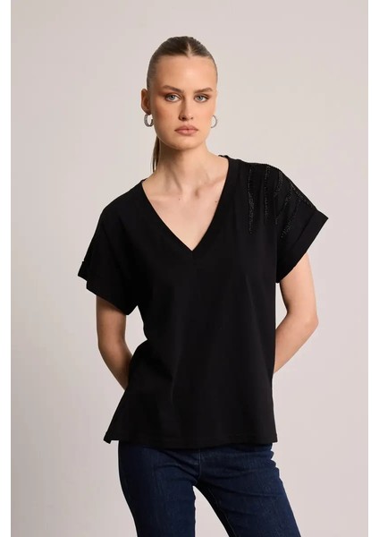 Taş Işlemeli Pamuk T-Shirt - Siyah