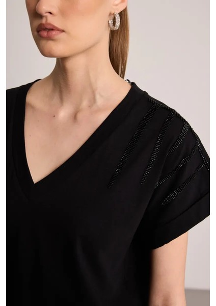 Taş Işlemeli Pamuk T-Shirt - Siyah