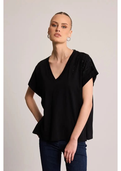 Taş Işlemeli Pamuk T-Shirt - Siyah