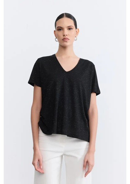 V Yaka Simli T-Shirt - Siyah