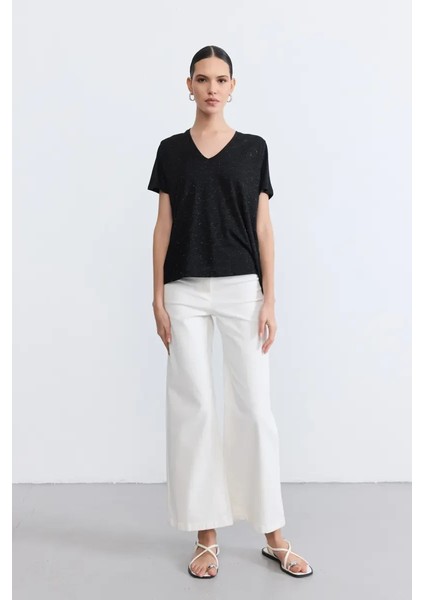 V Yaka Simli T-Shirt - Siyah
