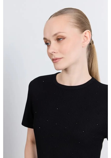 Taşlı Viskon Ribana Tshirt - Siyah