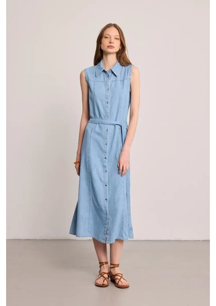 Tencel Denim Uzun Gömlek Elbise - Mavi