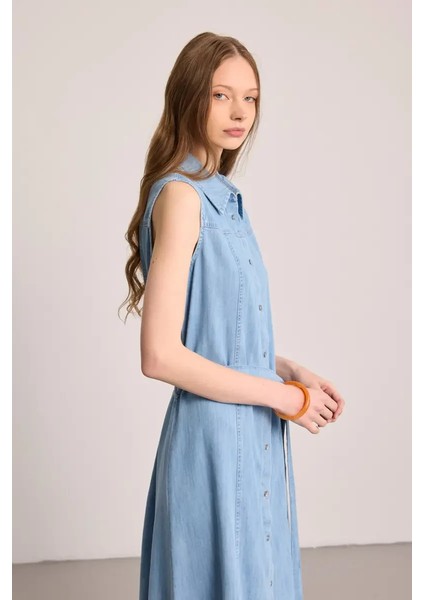 Tencel Denim Uzun Gömlek Elbise - Mavi fiyatları