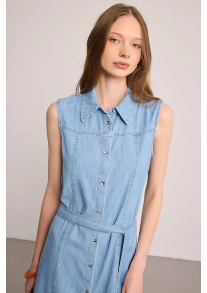 Tencel Denim Uzun Gömlek Elbise - Mavi modelleri
