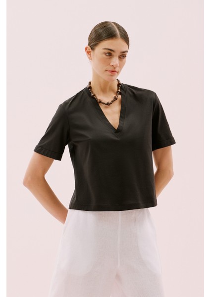 V Yaka Double Kısa Kol T-Shirt Siyah Y2523836_001