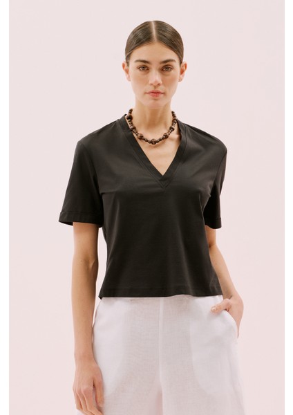 V Yaka Double Kısa Kol T-Shirt Siyah Y2523836_001 modelleri