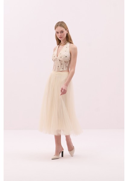 Plisoley Tül Midi Boy Etek Vanilya Y2515048_100