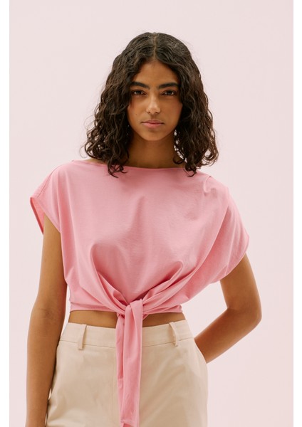 Omuzu Pili Detaylı Belden Bağlamalı T-Shirt Pembe Y2523827_038