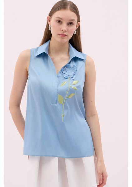 V Yaka Kolsuz Çiçek Motifli Bluz Mavi Y2513038_036