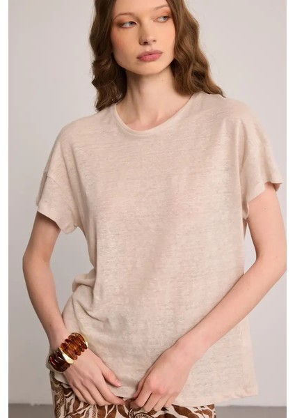 Bisiklet Yaka Keten T-Shirt - Bej modelleri