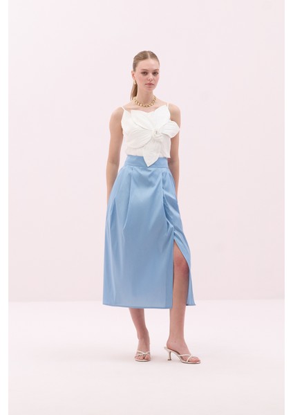 Yırtmaçlı Midi Boy Tafta Etek Mavi Y2515053_036