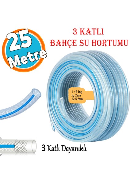 25 Metre Örgülü Şeffaf Bahçe Hortumu Dayanıklı 3 Katlı Sağlam Çeşme Su Sulama Yıkama Hortum 12.5 mm 1/2"