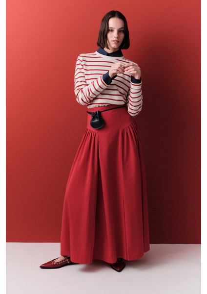 Büzgülü Gabardin Etek Kırmızı