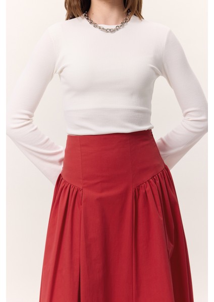 Büzgülü Gabardin Etek Kırmızı