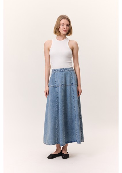 Geniş Büzgülü Denim Etek Mavi