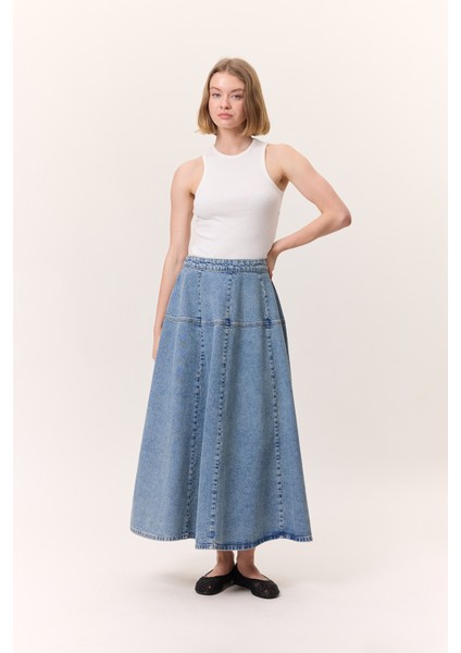 Geniş Büzgülü Denim Etek Mavi