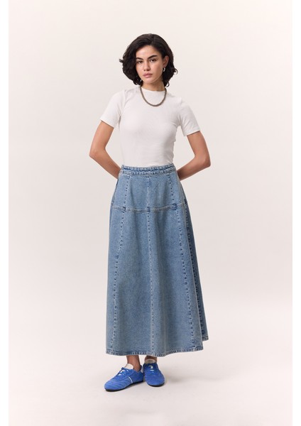 Geniş Büzgülü Denim Etek Mavi
