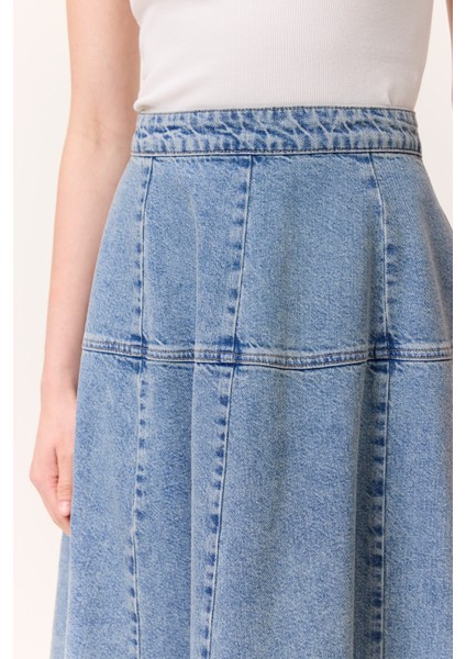 Geniş Büzgülü Denim Etek Mavi