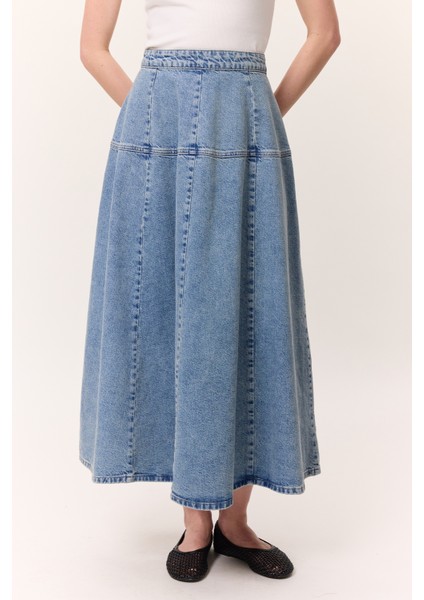Geniş Büzgülü Denim Etek Mavi