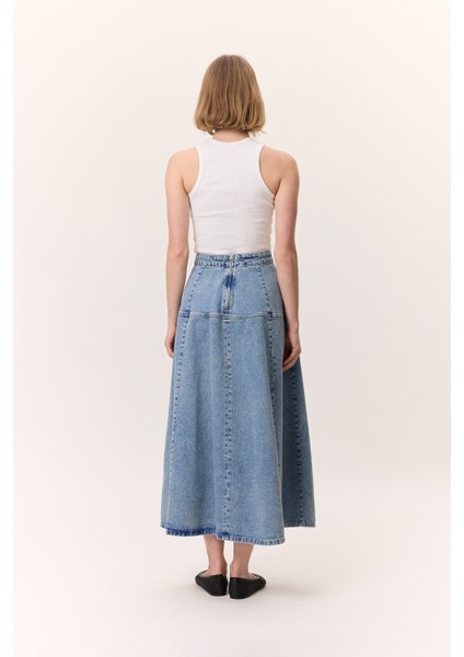 Geniş Büzgülü Denim Etek Mavi