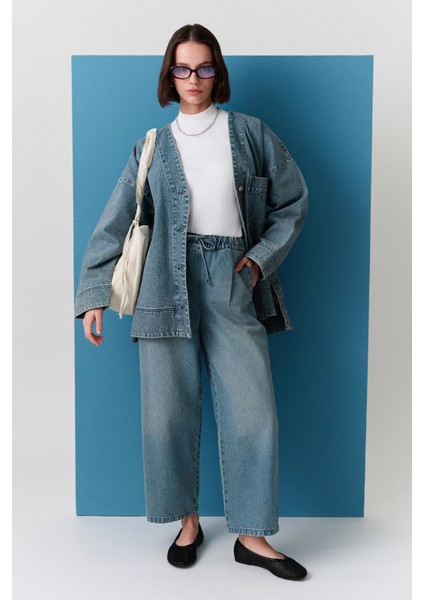 Bel Ayarlamalı Rahat Denım Pantolon Mavi