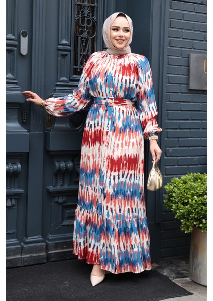 Desenli Bordo Tesettür Elbise 23931BR